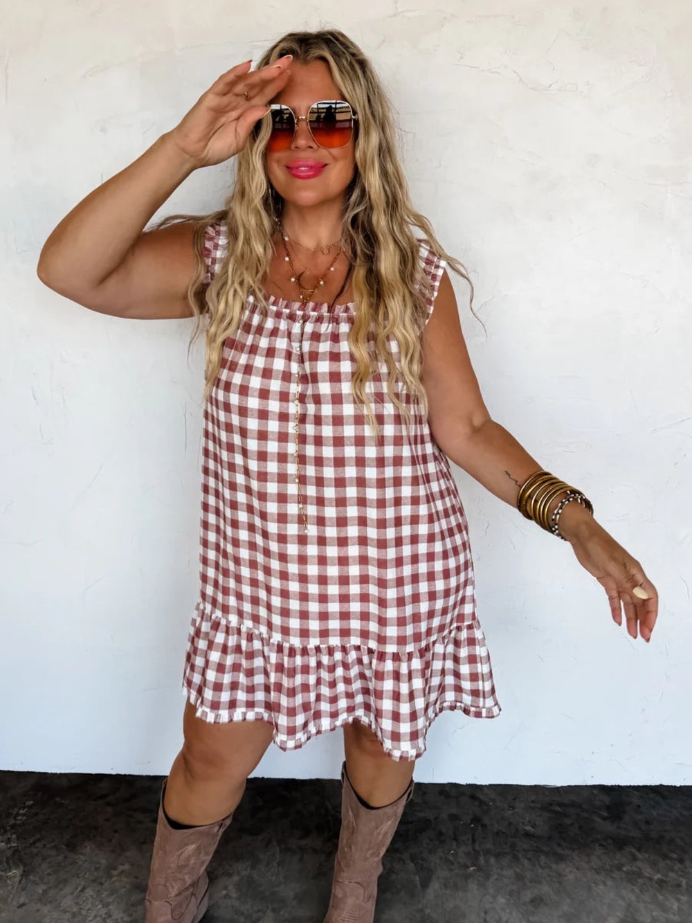 NWT Babydoll Gingham Ruffle Hem Sleeveless Dress